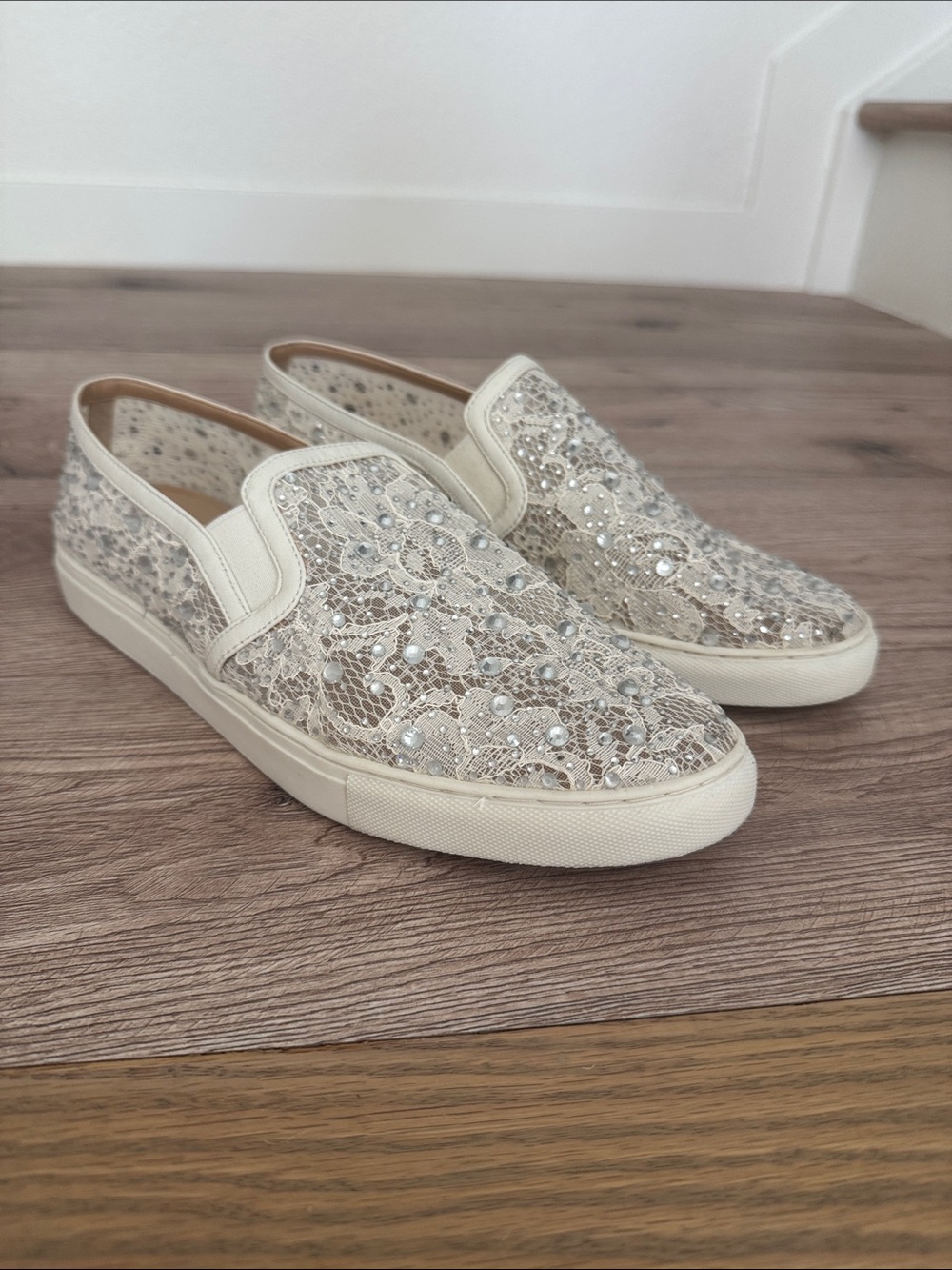 Antonio Melani Embellished Lace Slip-On Loafers in Ivory